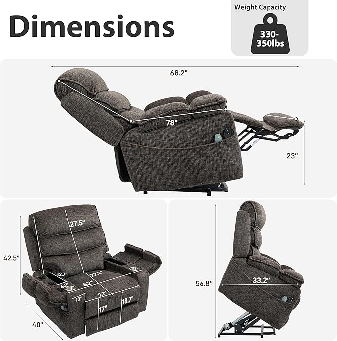 27in Extra Wide Power Lift Recliner Chair for Big Tall with Extended Footrest Heat Massage, Oversized Electric Lift Recliner Chairs for Adults Elderly Seniors, Arm Storage & Cup Holders