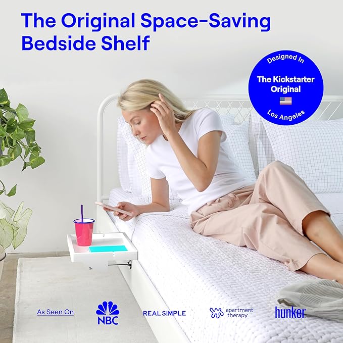 BedShelfie Bedside Shelf for Bunk Bed & Top Bunk, College Dorm Room & Loft Nightstand, Floating Bed Side Table Tray Storage - Original White Wood