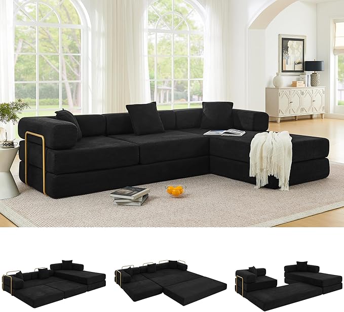 108" Oversized Convertible Sleeper Sofa Bed, Corduroy L Shape Sectional Couch, Folding Sofa Bed with Side Pocket, Modern Cloud Floor Mattress Couch, Modular Sofa for Living Room, Black