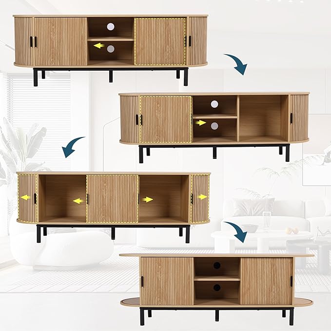 62" Tambour Door TV Stand,Wood Mid Century Modern TV Cabinet for Up to 75“ TV,Curved Edge Long TV Stand with Storage for Bedroom Living Room (Natural, 62.2inch)