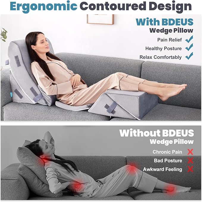 BDEUS 6PCS Extra Wide 25 Inch Orthopedic Bed Wedge Set for Sleeping, Post Surgery, Pain Relief, Acid Reflux, Adjustable Leg, Back and Arm Support, Sitting Up and Rest Pillow with Travel Bag