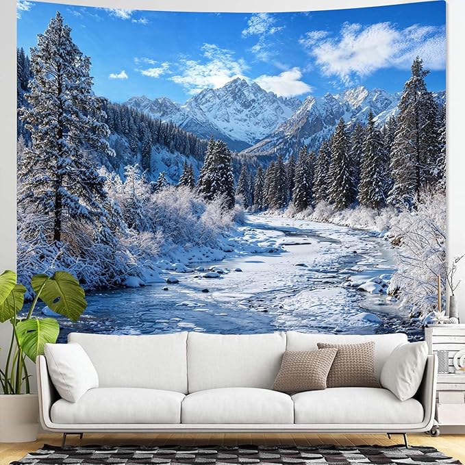 AMM Winter Forest Snow Mountain Tapestry Snowy Pine Tree Woodland Tapestry for Bedroom Aesthetic White Clouds Flowing River Landscape Tapestries Wall Hanging for Living Room Dorm Office 80 x 60 Inch