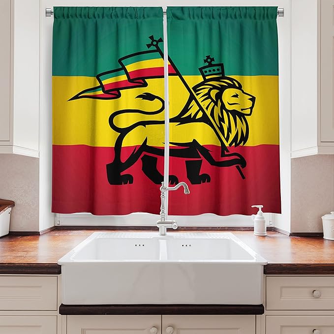 Ambesonne Rasta Long Kitchen Curtains, Lion a Rastafari Flag Jungle Reggae Theme Art Colorful Cultural Folkloric Print, Two Panels Drapes with Rod Pocket Room Decor, 55" x 45", Yellow Red