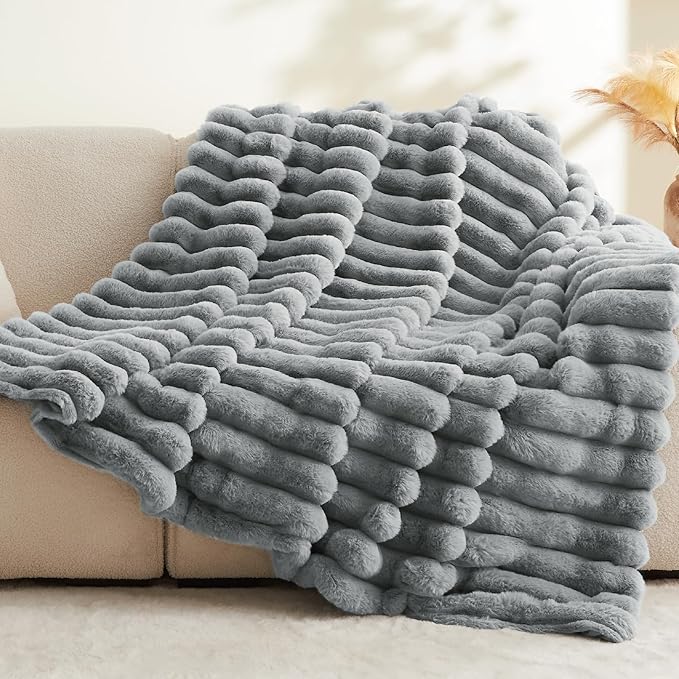 BEDELITE Faux Fur Throw Blanket for Couch, Soft and Cozy Luxurious 3D Striped Fluffy Blanket, 770GSM Thick Warm Plush Fuzzy Faux Rabbit Fur Blanket for Women Gift (Crey, 60"x 80")