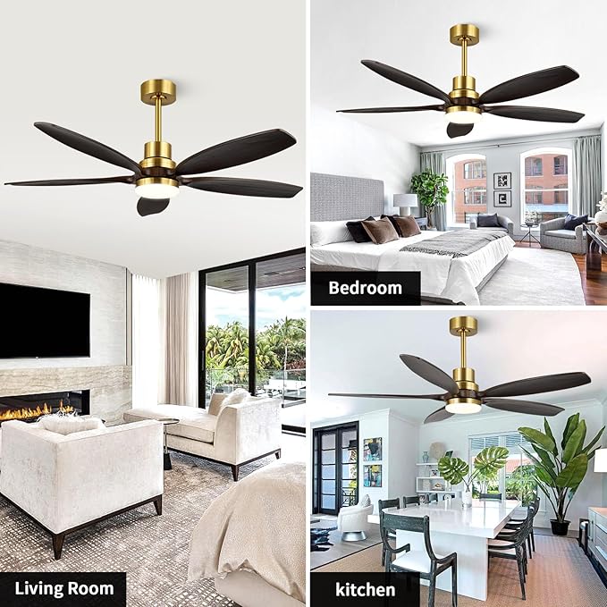 52" Ceiling Fan with Light and Remote,Reversible DC Motor,6Speed,Modern Natural Wood Ceiling Fan with Dimmable LED for Outdoor Patios Bedroom Living Room,Brown Walnut and Brass