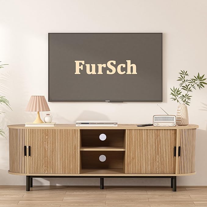 62" Tambour Door TV Stand,Wood Mid Century Modern TV Cabinet for Up to 75“ TV,Curved Edge Long TV Stand with Storage for Bedroom Living Room (Natural, 62.2inch)