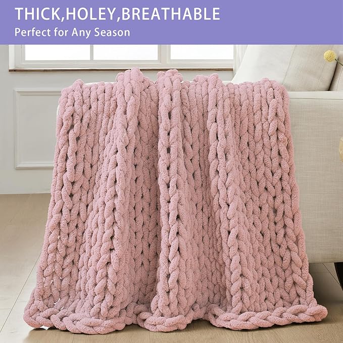 Bigacogo Chunky Knit Throw Blanket for Couch, 40x80 inches, 100% Hand Knitted with Thick Jumbo Chenille Yarn, Cozy Soft Large Rope Knot Cable Crochet Blankets for Sofa Bed Living Room, Dusty Pink