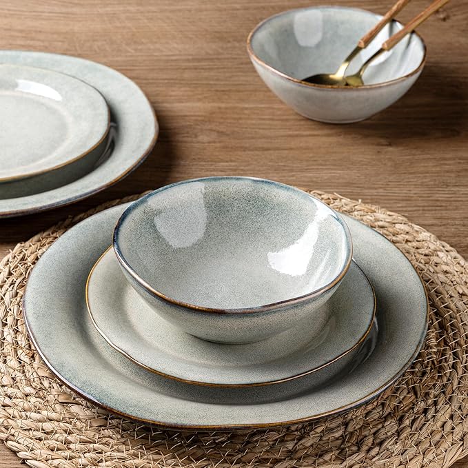 AmorArc Ceramic Dinnerware Sets, Handmade Stoneware Reactive Glaze Plates and Bowls Set, Scratch Resistant | Dishwasher & Microwave Safe Dishes Set, Service for 4 (12pc)