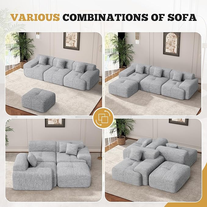 122" Modern L Shaped Modular Sectional Sofa, Boneless Couches for Living Room with Ottoman,4 Seater Convertible Chenille Cloud Couch Sofa Set, No Assembly Required, Light Grey 1 PCS
