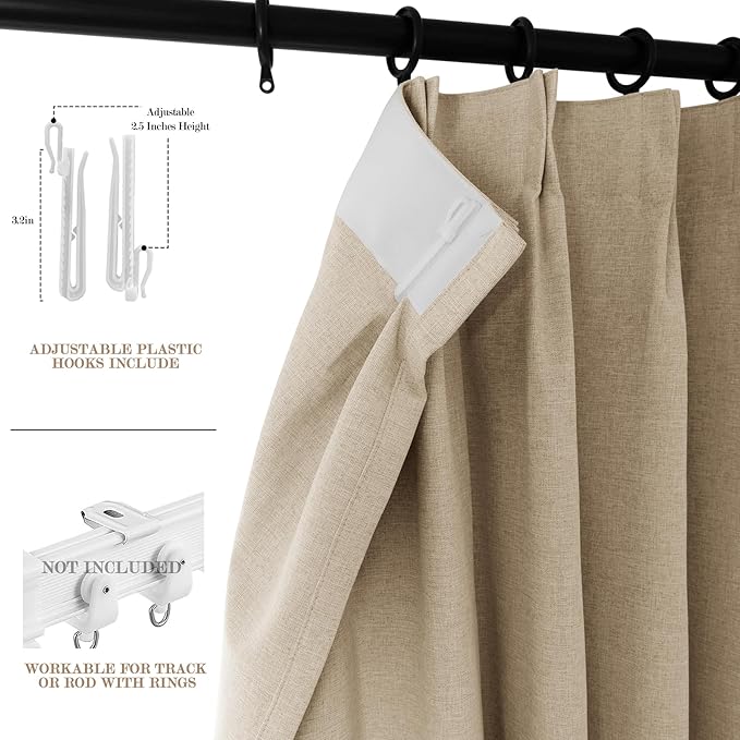 100% Blackout Linen Textured Drapes for Bedroom Pinch Pleated Curtains for Track System Portable Drapery for Sliding Glass Door/Storage/Space Room Divider, 70" Wx84 L, 1 PC, Sand Beige
