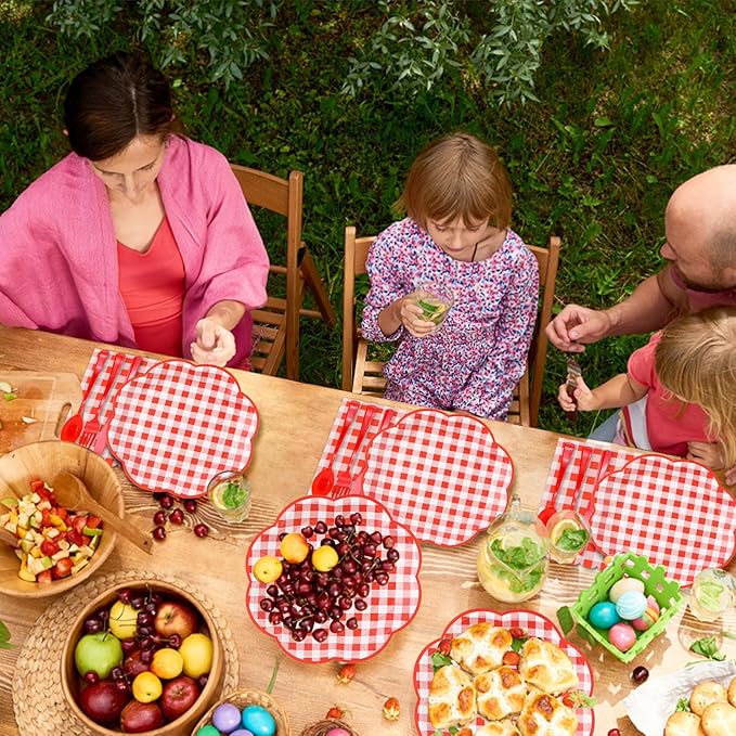 350 Pcs Red Gingham Plates and Napkins Party Supplies - Red and White Checkered Plates Sets Serve 50 Guests - Scalloped Gingham Paper Plate for Birthday Picnic Wedding Christmas Party Decorations