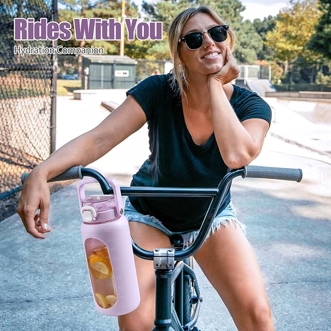 BLUEGO 64oz Glass Water Bottle with Handle and Straw, Motivational Sports Water Bottle with Time Marker and Silicone Sleeve Leakproof Drinking Bottle for Travel Gym Workout, Purple