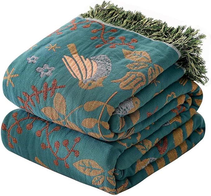 Boho Throw Blanket for Couch Sofa Bed, 100% Cotton Woven Quilt with Tassel 60”x80”, Super Soft Muslin Blanket with Bird Printed, Decorative Reversible Bed Blanket/Cover for All Seasons