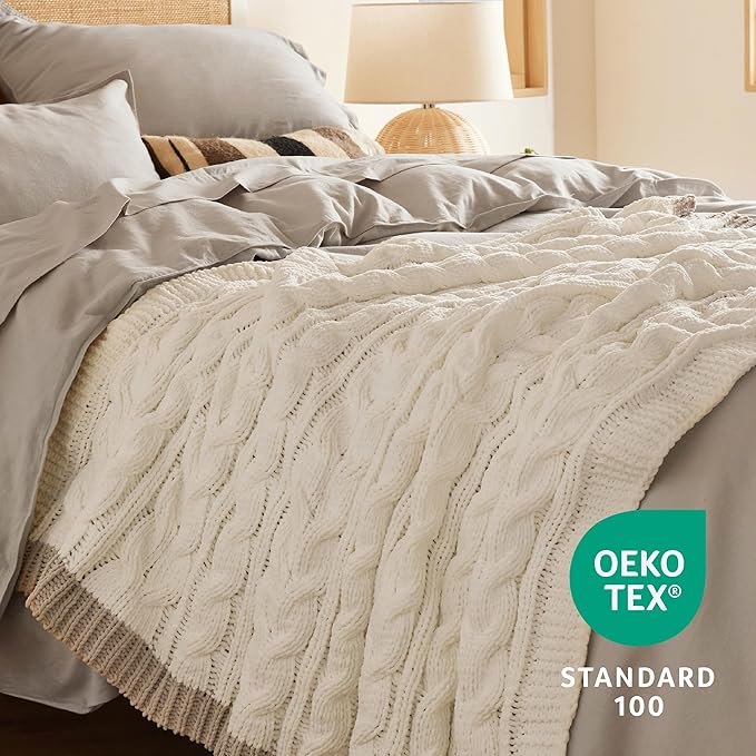 Bedsure Cable Knit Throw Blanket for Couch Bed - Breathable Chenille Chunky Knit Throw Blanket for Decorative Gift, GentleSoft Cozy and Warm for Winter and All Seasons, Cream, 50x60 Inches