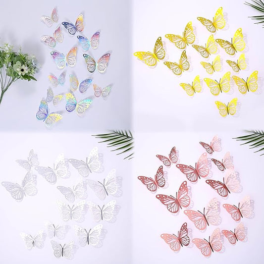 3D Butterfly Wall Decor 48 Pcs 4 Styles 4 Colors 3 Sizes,Gold Silver Laser Rose Butterfly Decorations for Butterfly Birthday Decorations Butterfly Party Decorations Cake Decorations,Removable Sticker