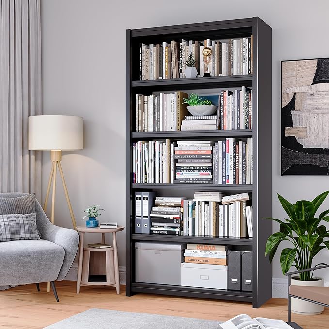 Bookshelf, 5 Shelf Bookcases, Tall Bookcase for Heavy Books, CDs, Movies, Garage Kit, Modern Display Shelf for Library Home Office Bderoom Living Room, Metal Bookshelves Industrial Black
