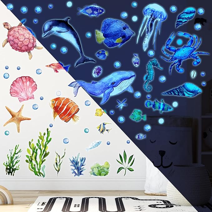 52 Pcs Ocean Fish Wall Decals Glow in The Dark Under The Sea Wall Decals Sea Animals Stickers Removable Waterproof Peel and Stick for Kids Bathroom Watercolor Ocean Decor(Cute Style)