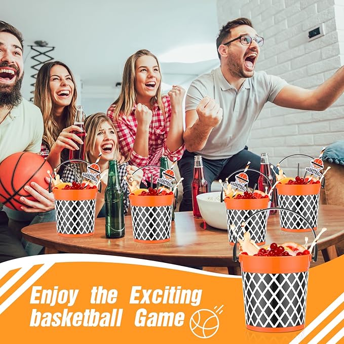 24 Pcs 32oz Basketball Party Favors Rum Buckets Plastic Basketball Cocktail Buckets for Drinks Plastic Ice Pail Bulk with Handle and Straw Reusable Punch Bowls for Drinkware Beer Beverage