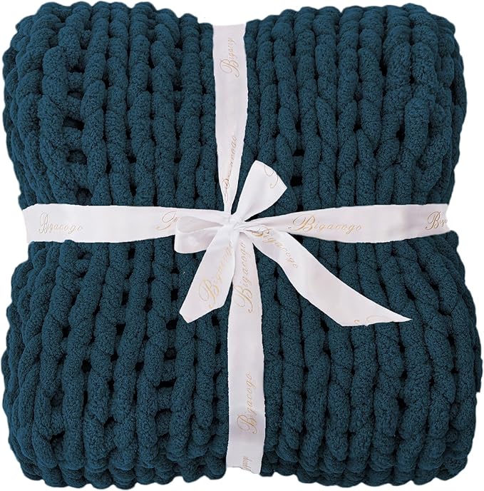 Bigacogo Chunky Knit Throw Blanket for Couch, 40x60 inches, 100% Hand Knitted with Thick Jumbo Chenille Yarn, Cozy Soft Large Rope Knot Cable Crochet Blankets for Sofa Bed Living Room, Deep Sea Blue