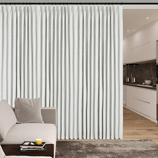 120" Wx96 L Linen Room Divider Drapes for Doorway/Glass Window/Sliding Door/Patio, Extra Wide Pinch Pleated Full Blackout Curtains for Girls Boys Teen Kids Room, 1 Panel, Greyish White
