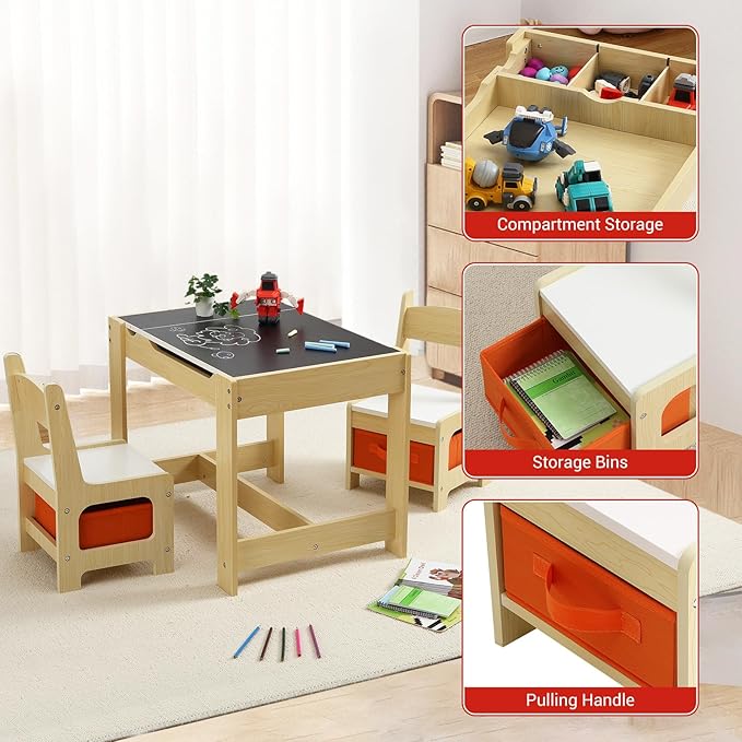 4-in-1 Kids Activity Table Set, Kids Table and Chair Set with/Storage, Removable Tabletop, Chalkboard, 3-Piece Toddler Furniture Set for Art, Crafts, Drawing, Reading, Playroom