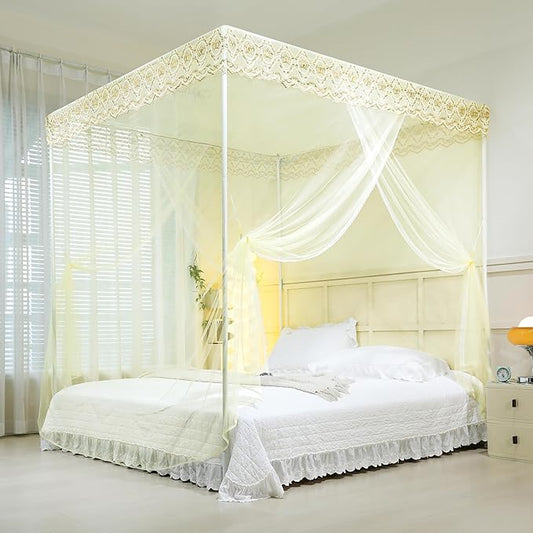 Bed Canopy, Princess Bed Curtain Net for Girls & Adults，Three-Doors Rectangle Lace Dome Netting (Yellow, King)