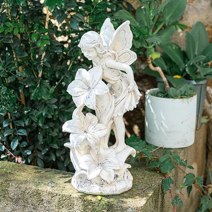 Angel Garden Statue Outdoor, Solar Powered Resin Garden Sculptures Fairy Angel Statues Waterproof LED Lights Yard Art Decorations for Outside Patio Lawn Ornament Gardening Gifts
