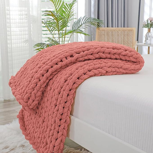 Bigacogo Chunky Knit Throw Blanket for Couch, 40x60 inches, 100% Hand Knitted with Thick Jumbo Chenille Yarn, Cozy Soft Large Rope Knot Cable Crochet Blankets for Sofa Bed Living Room, Antique Red