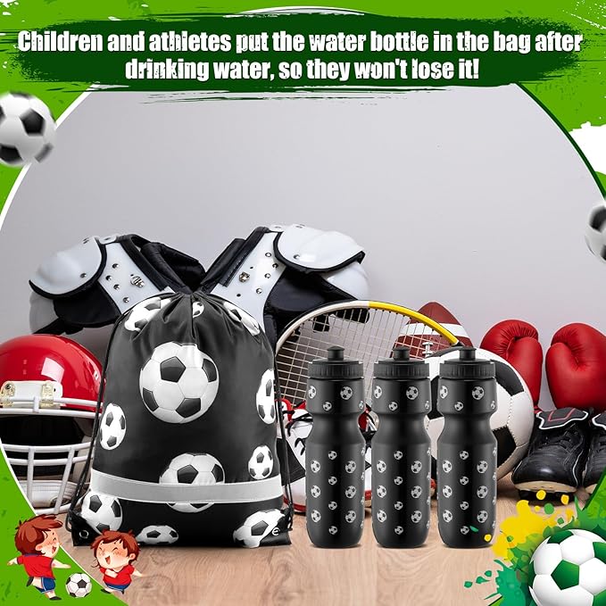 2 Pcs Soccer Party Favors, Soccer Drawstring Bags Goodie Treat Bags and 24 oz Squeeze Water Bottles