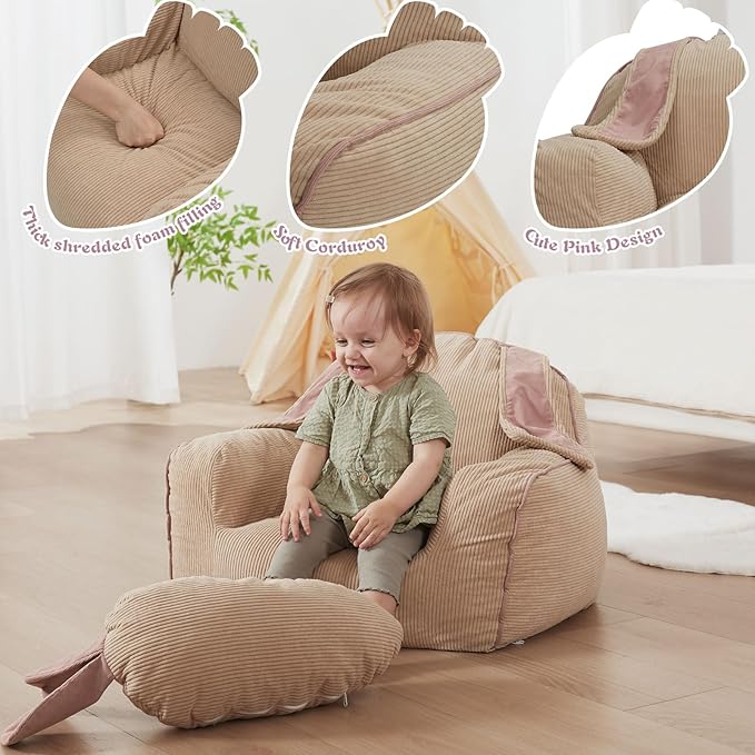 Bunny Kids Sofa Toddler Chair,Toddler Bean Bag Chair with Carrot-Shaped Throw Pillow,Soft Corduroy Cover Comfy Toddler Chair for Reading and Napping, for Boys and Girls,Beige Bunny