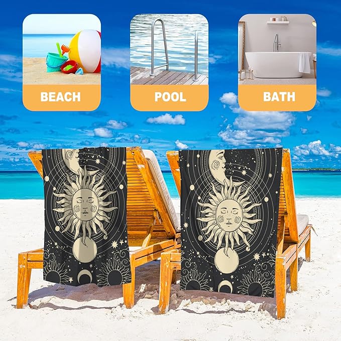 Beach Towel Oversized, Mystical Tarot Card Sun Moon Face Microfiber Beach Towels, Lightweight, Absorbent, Quick Dry, Sand-Free Beach Blanket, Unique Gift for Camping, Pool,Yoga, 29.5” X 59”