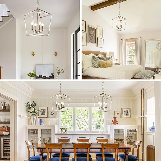 4-Light Brushed Nickel Farmhouse Chandelier, 12" Industrial Ceiling Light Lantern Pendant Light with Metal Cage Adjustable Height Rustic Hanging Light E12 Base for Kitchen Island Dining Room Entryway