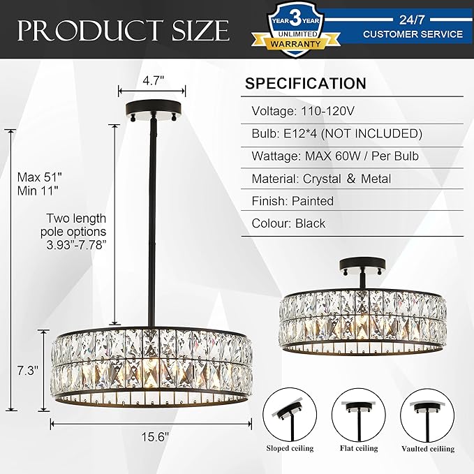 16” 4-Light Modern Crystal Chandeliers Black Dinning Room Light Fixture with Two Rods, Round Pendant Light Kitchen Island Chandelier, Flush Mount Ceiling Light for Living Room Entryway