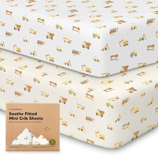 2-Pack Mini Crib Sheets Fitted, Pack and Play Sheets - Organic Cotton Pack N Play Sheets for Pack and Play Mattress, Playard Baby Crib Sheets, Jersey Crib Sheets Neutral for Boys, Girls (Construction)