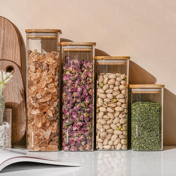 71oz Rectangle Airtight Glass Storage Containers with Bamboo Lids (Set of 4), Square Food Storage Jar, Pantry Organizers for Sugar, Flour, Spaghetti and Coffee beans (‎with Black Lable)