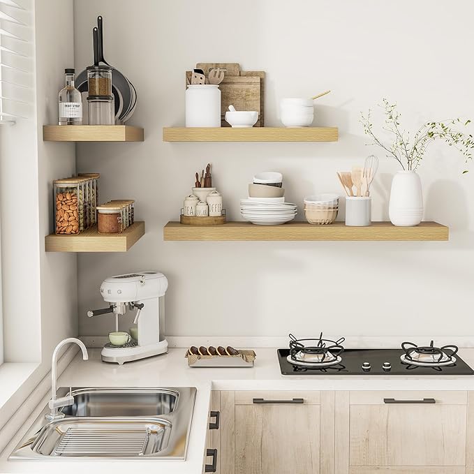 12 Inch Deep Floating Shelves 48 inch Long, 48 x 12 Wide Wall Shelves with Invisible Brackets, Heavy Duty Shelf for Bedroom Bathroom Living Room Kitchen Office Home Decor, Modern Shelf Set of 2, Oak