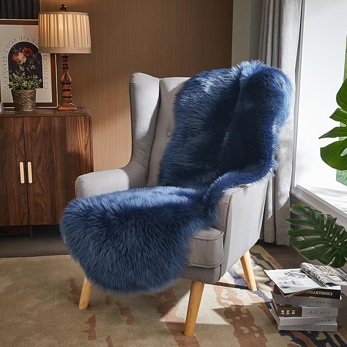 AMTOVO Faux Sheepskin Rug, Dark Blue Ultra Soft Fluffy Shag Area Rug, 2 x 6 ft Faux Fur Rug for Bedroom Sofa Throw Cushion Room Decor, Sheepskin