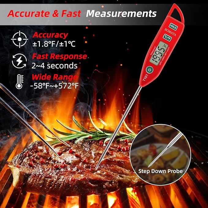 BOMATA Waterproof IPX7 Thermometer for Water, Liquid, Candle and Cooking. Instant Read Food Thermometer with Long Probe for Cooking, Meat, BBQ! T101 (Red Color)…