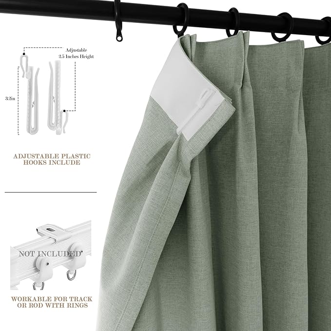 120" Wx108 L Linen Room Divider Drapes for Doorway/Glass Window/Sliding Door/Patio, Extra Wide Pinch Pleated Full Blackout Curtains for Girls Boys Teen Kids Room, 1 Panel, Fog Green