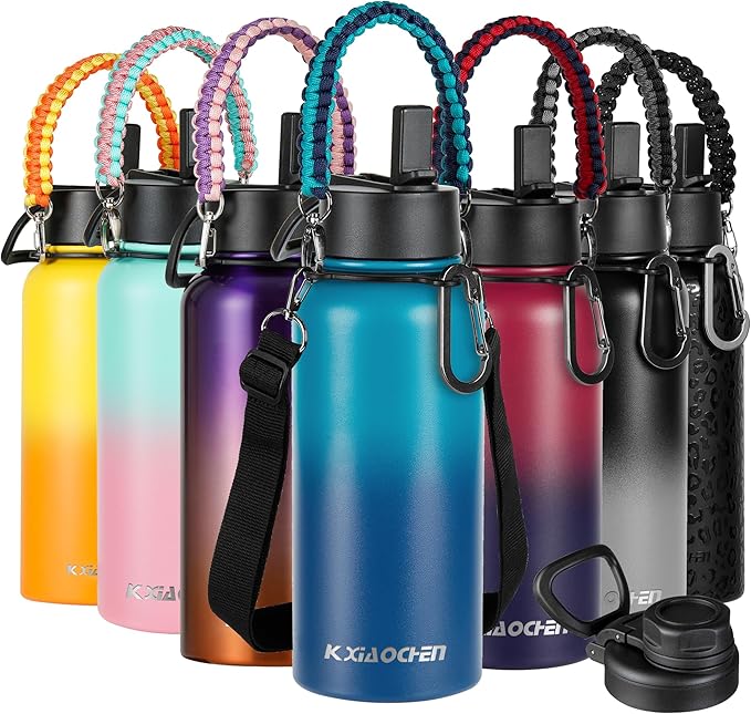 40 oz Insulated Water Bottle with Paracord Handles & Strap, 2 Lids(Straw Lid&Spout Lid), Stainless Steel Reusable Wide Mouth Metal Water Bottle With Straw (Dark Night)