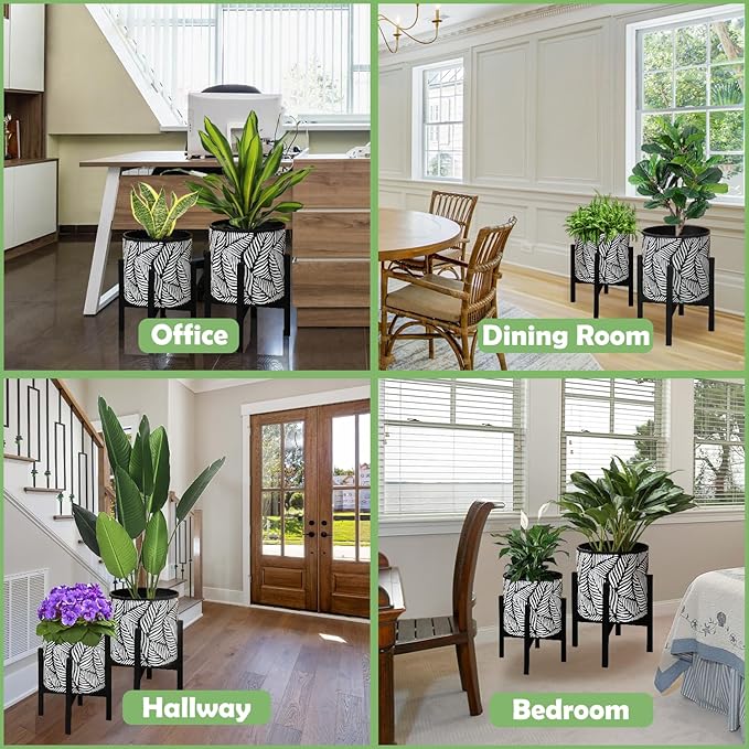 10 & 12 Inches Plant Pot with Stand Set of 2, Decorative Palm Leaves Printing Planter with Holder, Garden Pot for Snake Plant, Monstera, Houseplants - Indoor Outdoor Flower Pots with Drainage Holes