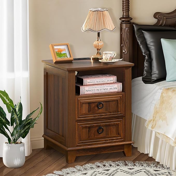 18" Farmhouse Night Stand with Charging Station, 2 Drawers End Table Dresser for Bedroom, Brown Wooden Nightstand, Bed Side Table with Open Shelf, Bedside Cabinet for Living Room, Closet