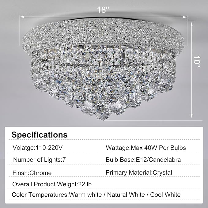 7-Light Crystal Flush Mount Chandelier Ceiling Light Fixture for Living Room Dining Room Bedroom Foyer Entryway Hallway Closet Bathroom (Chrome D18)