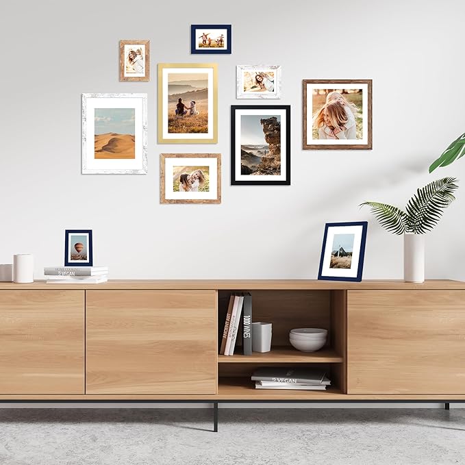 5x7 Picture Frame Set of 4, 5 x 7 Wood Photo Frames with Mat for 4x6, Natural Wooden Frame with Real Glass Cover for Wall and Tabletop Display,Brown