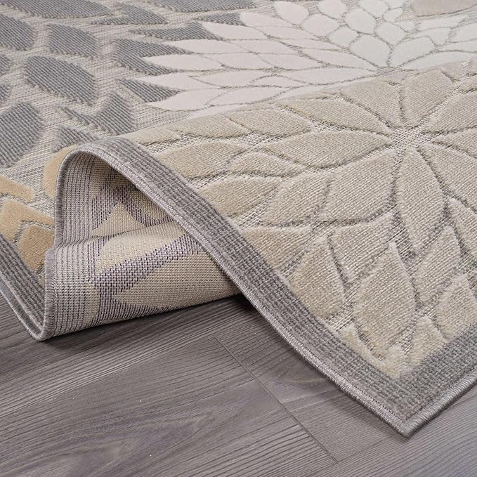 Beverly Rug Outdoor Runner Rug 2x7 Modern Floral Tropical Area Rugs for Indoor and Outdoor Patio Easy to Clean Non Shedding Living Room Porch Garden Washable Outside Carpet (2 x 7 Gray)