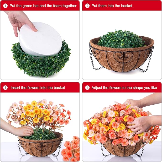 Artificial Fall Flowers Fake Hanging Plants Flowers Basket for Outdoors Autumn Decoration, Silk Morning Glory with Eucalyptus Look Real UV Resistant Faux Flowers for Outside Porch Patio Balcony, Mix