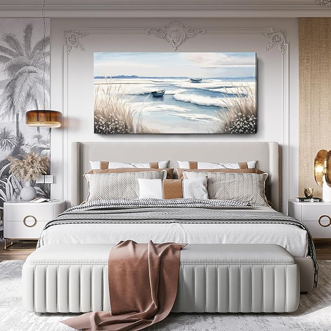 amatop Extra Large Wall Art for Living Room –Big Coastal Beach Minimalist Canvas Artwork with Sailboat Ocean Waves and Reeds Nautical Seascape Picture for Bedroom Decor Blue58x29 Inch