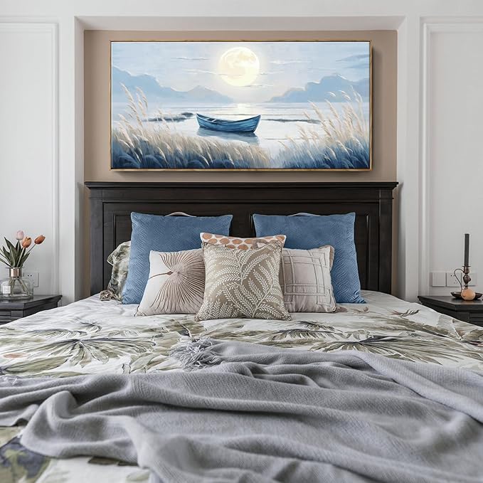 amatop Oversized Framed Coastal Wall Art for Living Room Blue Boat Moon Sea Picture Landscape Canvas Print Calming Night Ocean Lake Scene Large Artwork Nautical Bedroom Office Wall Decor 58x29 In