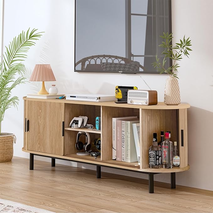62" Tambour Door TV Stand,Wood Mid Century Modern TV Cabinet for Up to 75“ TV,Curved Edge Long TV Stand with Storage for Bedroom Living Room (Natural, 62.2inch)