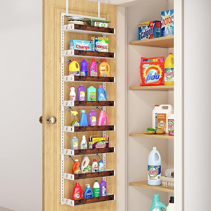 bukfen Over the Door Pantry Organizer, 8-Tier Adjustable Wooden Basket Kitchen Pantry Door Organization and Storage, 2 in 1 Wall Mount or Hanging Heavy-Duty Metal Hanging Kitchen Spice Rack,White